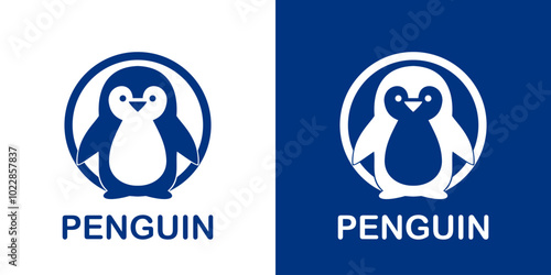 Cute and simple penguin logo in shades of blue, enclosed in a circular frame. Ideal for children’s products, cold-weather businesses, or playful brands seeking a friendly mascot design