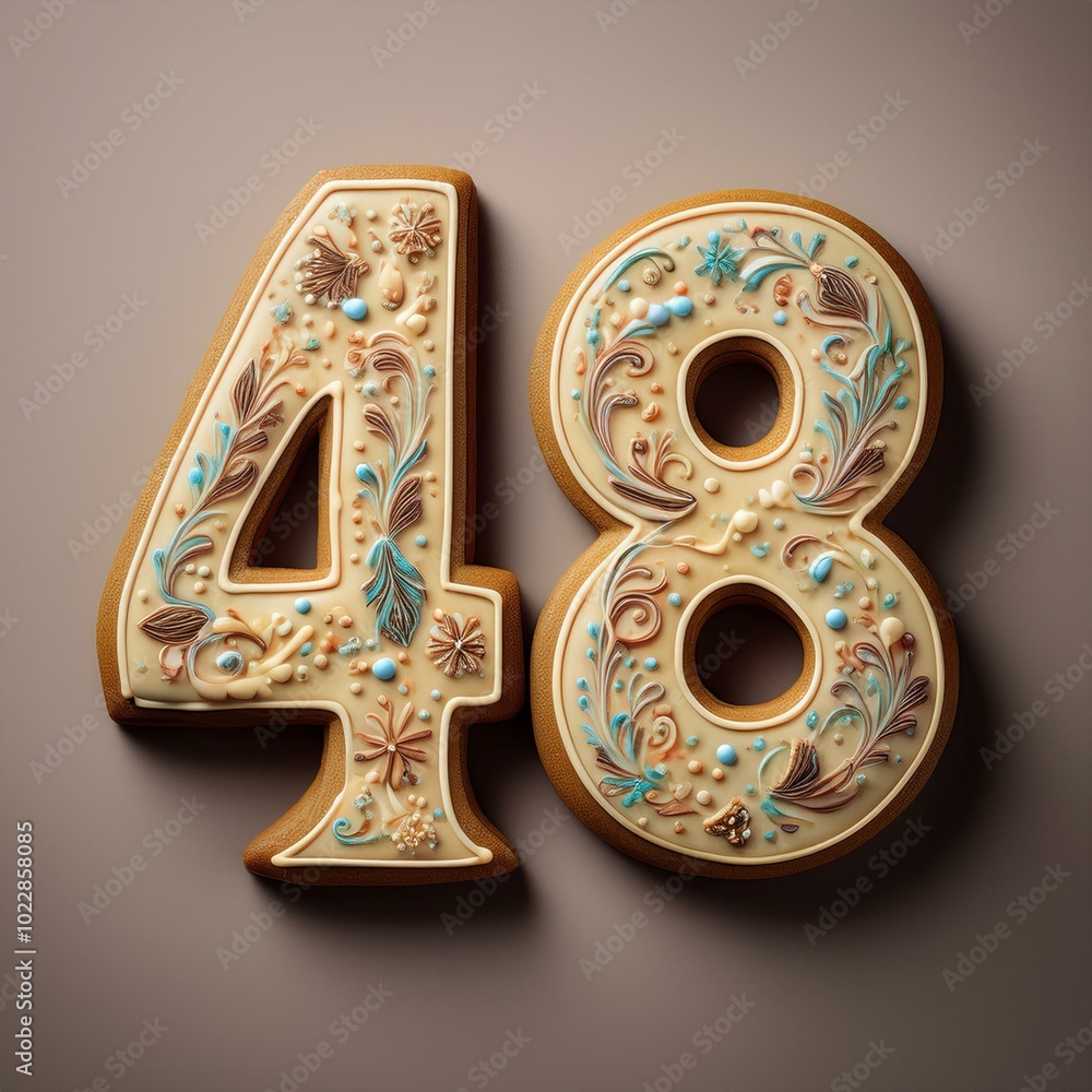 Decorated cookie, number 48, illustration for birthday or anniversary celebration Decorated cookie, number 48, illustration for birthday or anniversary celebration