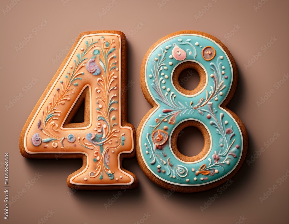 Decorated cookie, number 48, illustration for birthday or anniversary celebration Decorated cookie, number 48, illustration for birthday or anniversary celebration