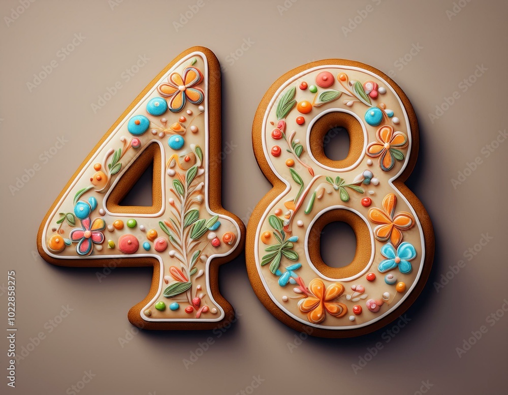 Decorated cookie, number 48, illustration for birthday or anniversary celebration Decorated cookie, number 48, illustration for birthday or anniversary celebration