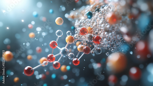 Wallpaper Mural Molecular structures and interactions are depicted in this vibrant illustration, showcasing colorful atoms and molecules in dynamic arrangement. image captures essence of scientific exploration and Torontodigital.ca