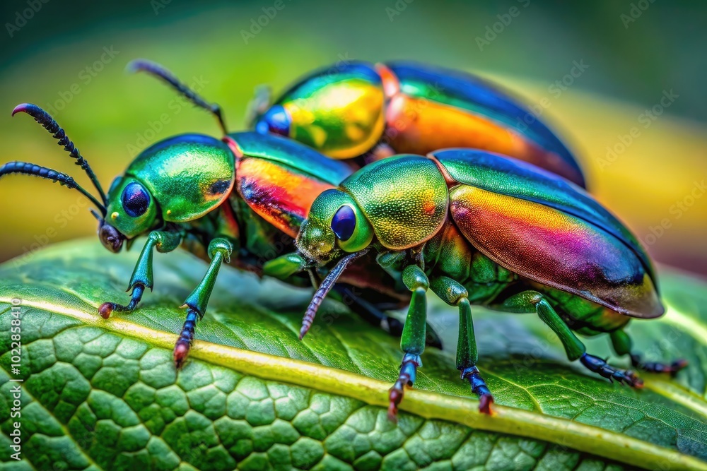 Naklejka premium Vibrant Beetles on Leaves: A Close-Up Exploration of Nature's Colorful Insects in Their Habitat