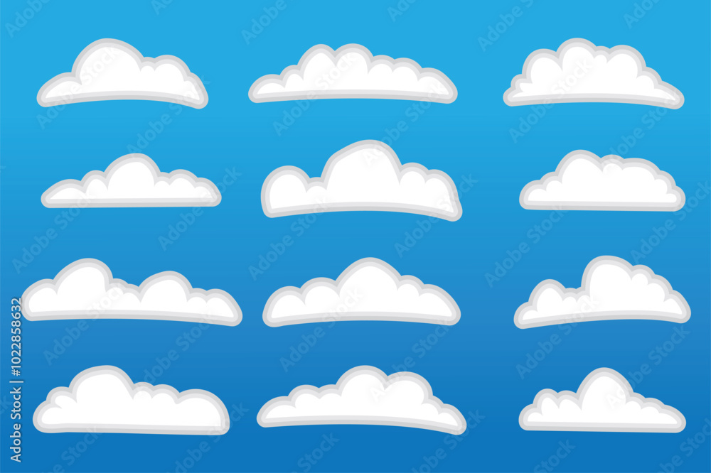 Cloud shapes set isolated on a blue background, Abstract white cloudy set isolated on blue background, Set of cartoon cloud in a flat design Modern icon or logo collection Cloud shapes set isolated on a blue background, Abstract white cloudy set isolated on blue background, Set of cartoon cloud in a flat design Modern icon or logo collection