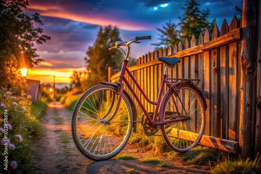 Obraz premium Vibrant bicycle parked against a rustic wooden fence in a picturesque outdoor setting on a sunny day