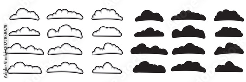 Cloud shapes set isolated on a blue background, Abstract white cloudy set isolated on blue background, Set of cartoon cloud in a flat design Modern icon or logo collection