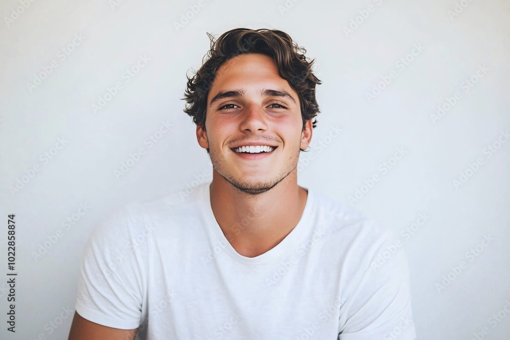 Portrait of Handsome Young Man Smiling and Looking at Camera on White Background Portrait of Handsome Young Man Smiling and Looking at Camera on White Background
