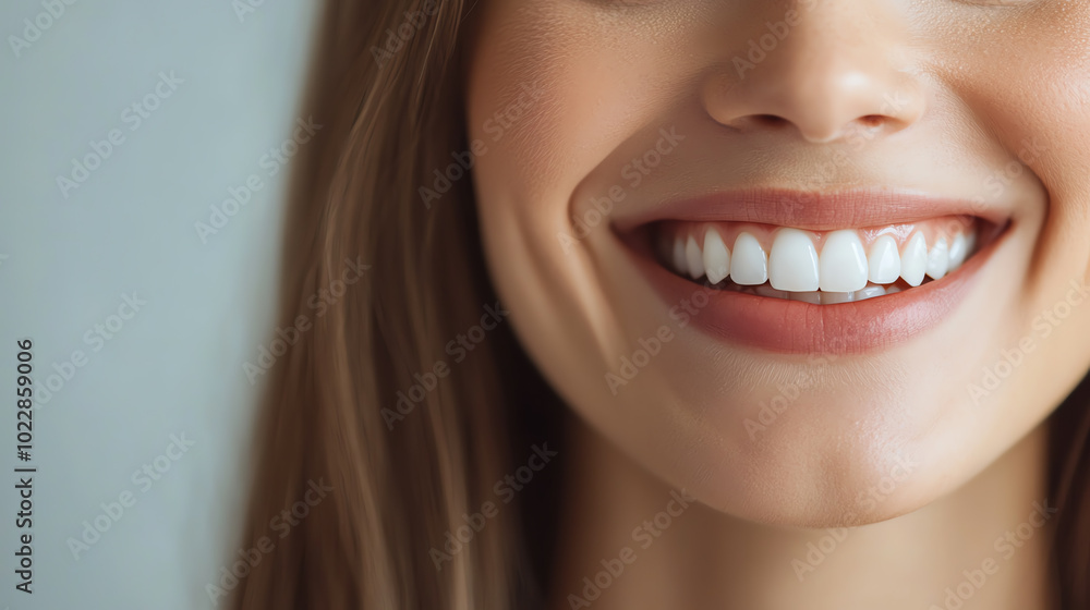 Obraz premium Close-up of a young woman's joyful smile showcasing bright white teeth against a softly blurred background.
