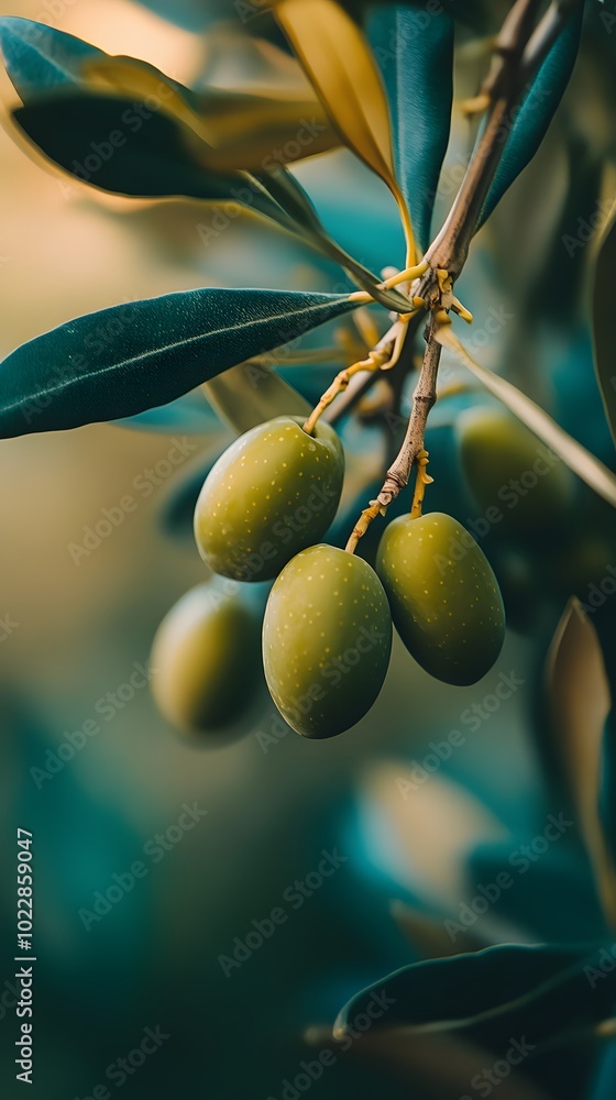 A close-up of green olives hanging from an olive tree branch, with leaves and branches in the background A close-up of green olives hanging from an olive tree branch, with leaves and branches in the background