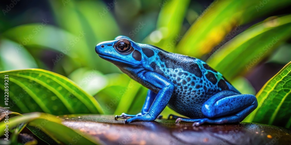 Vibrant Blue and Black Dart Frog Resting on Green Leaves in Its Natural Rainforest Habitat Vibrant Blue and Black Dart Frog Resting on Green Leaves in Its Natural Rainforest Habitat