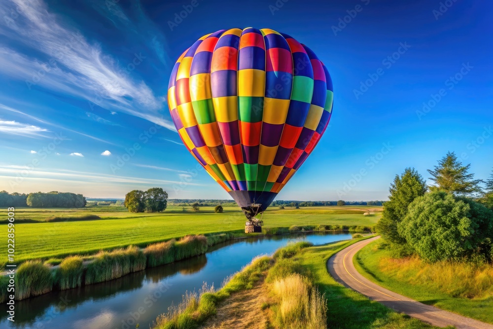 Fototapeta premium Vibrant Blue Hot Air Balloon Floating Against a Clear Sky in a Scenic Outdoor Landscape Adventure