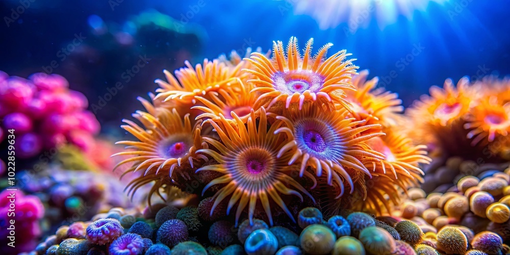 A symphony of color and texture unfolds in this underwater haven, where delicate coral polyps radiate vibrant hues of orange, pink, and blue, resembling a blooming underwater garden. A symphony of color and texture unfolds in this underwater haven, where delicate coral polyps radiate vibrant hues of orange, pink, and blue, resembling a blooming underwater garden.