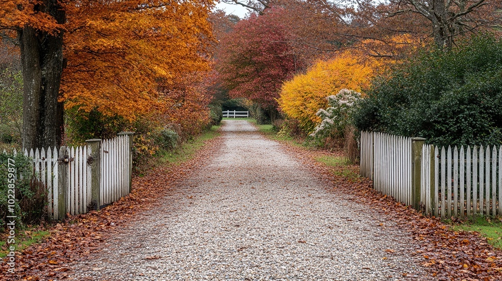 Autumnal Pathway Through a White Picket Fence Autumnal Pathway Through a White Picket Fence