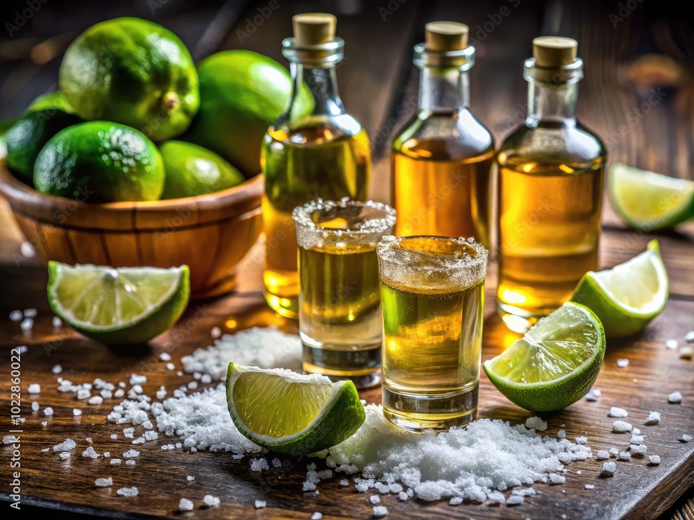 Vibrant Bottles of Tequila Surrounded by Fresh Limes and Salt for a Refreshing Cocktail Experience Vibrant Bottles of Tequila Surrounded by Fresh Limes and Salt for a Refreshing Cocktail Experience
