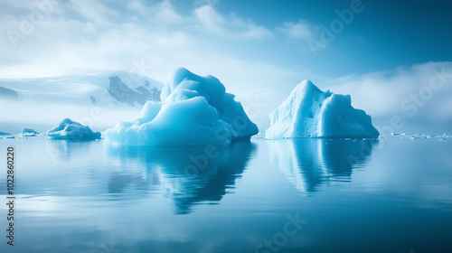 Serene Icebergs Drifting In The Calm Arctic Waters Against Snowy Mountains