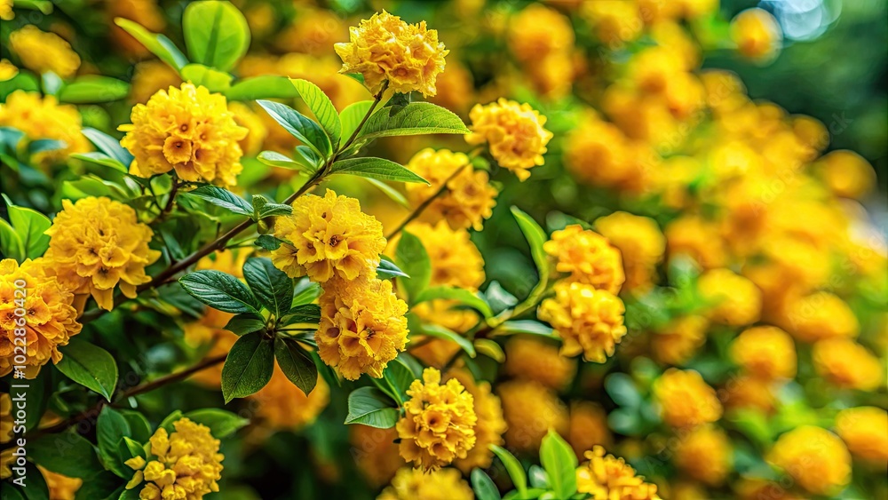 Vibrant Bush with Bright Yellow Flowers in Full Bloom Against a Lush Green Background in Nature Vibrant Bush with Bright Yellow Flowers in Full Bloom Against a Lush Green Background in Nature