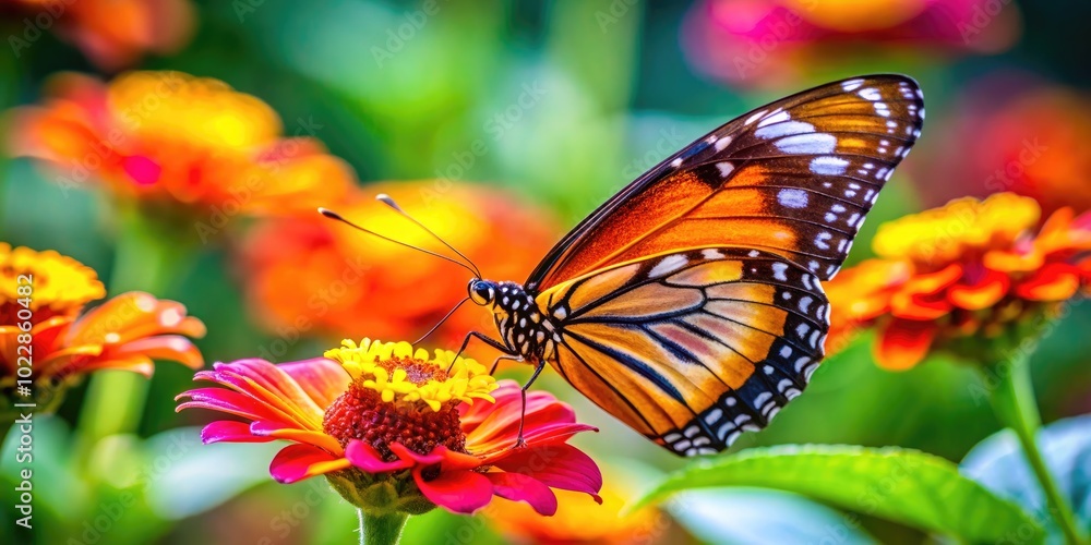 Vibrant Butterfly Resting on a Colorful Flower Petal in a Lush Green Garden Environment