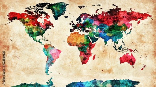 Fototapeta Naklejka Na Ścianę i Meble -  Vibrant world map design with bright, blocky colors, creating a minimalist yet striking wallpaper.