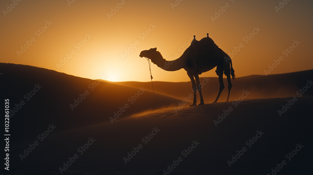 A camel walking in the desert at sunset with a silhouette against the setting sun