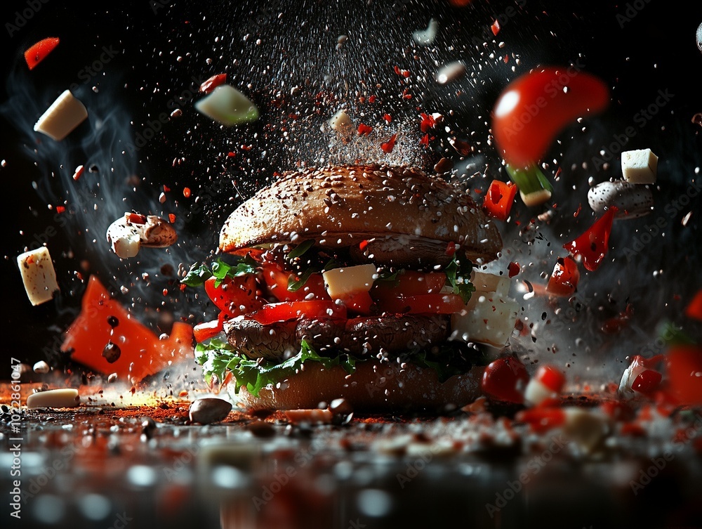 Gourmet burger with flying ingredients including cheese, peppers, and mushrooms. Gourmet burger with flying ingredients including cheese, peppers, and mushrooms.
