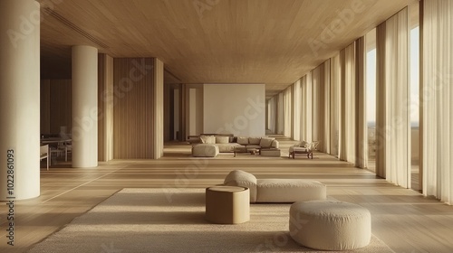 Warm and cozy modern living room featuring earth-toned furniture and minimalist abstract wall art. A tranquil home setting.