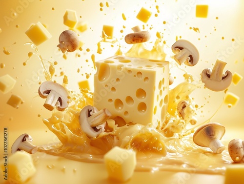 Cheese cube with splashing cheese sauce, mushrooms, and scattered cheese pieces. photo