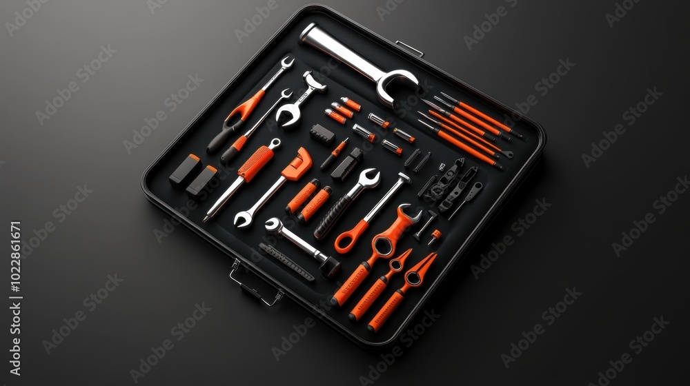 Assorted orange and black tools in a black case on a dark background. Studio shot of tools for design and print. Assorted orange and black tools in a black case on a dark background. Studio shot of tools for design and print.