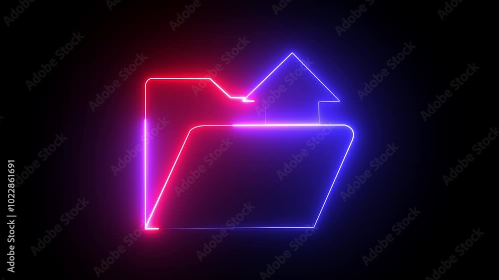 red and blue  color Neon glowing mobile device folder icon animated on black background. Animation of folder opening and closing. Computer file folder with documents. Digital folder icon concept