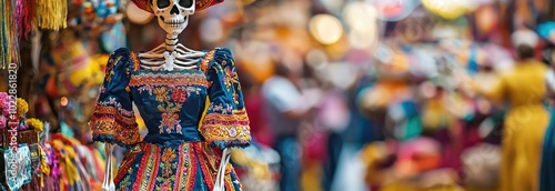 A vibrant skeleton figure in traditional attire stands out in a bustling market, embodying cultural heritage and festive spirit.