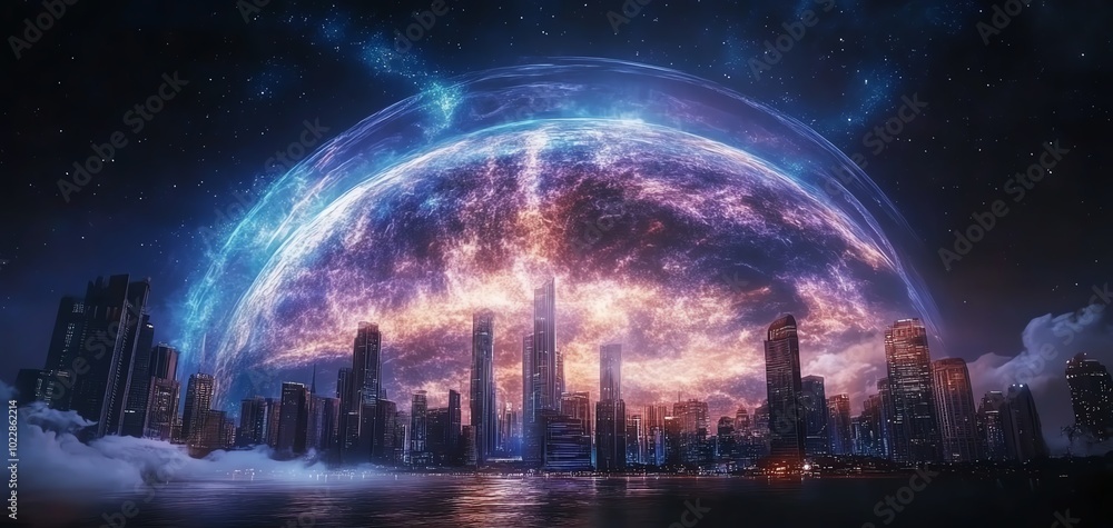 Futuristic city under a glowing dome Futuristic city under a glowing dome