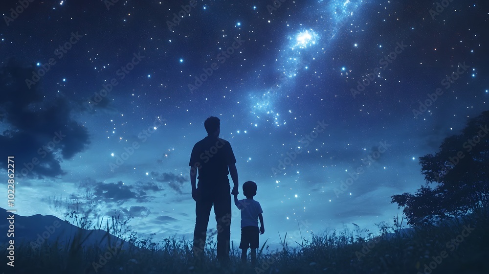 A father and son stand under the starry sky, gazing at their distant future together, symbolizing love, connection, and a tight-knit family bond A father and son stand under the starry sky, gazing at their distant future together, symbolizing love, connection, and a tight-knit family bond