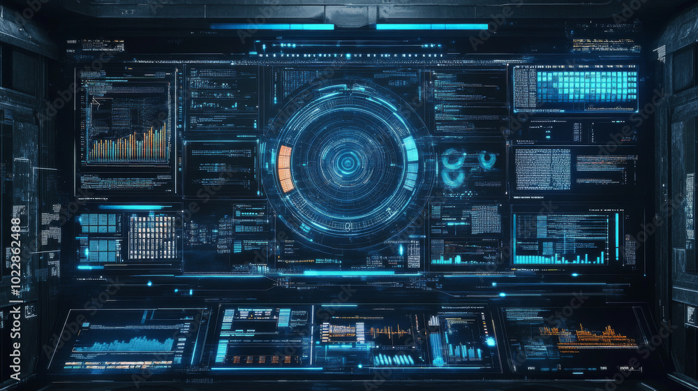 A sleek dashboard display showcasing a virtual reality technology screen with a futuristic heads-up display (HUD). A sleek dashboard display showcasing a virtual reality technology screen with a futuristic heads-up display (HUD).