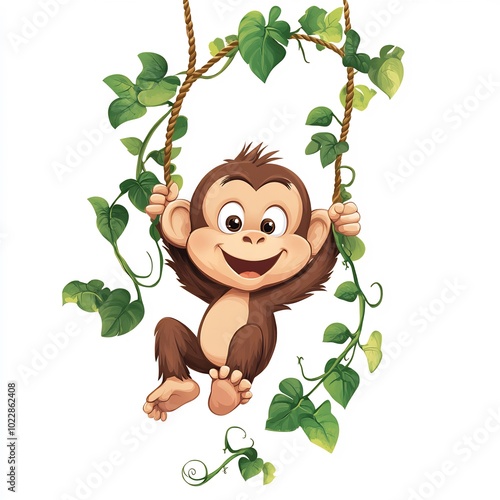 A playful cartoon monkey swinging from a branch on a white background. photo