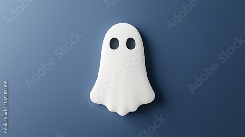 Stylized ghost icon with smooth edges, floating on a flat midnight blue background, representing a playful yet spooky Halloween design.