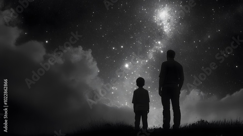 A father and son stand under the starry sky, gazing at their distant future together, symbolizing love, connection, and a tight-knit family bond