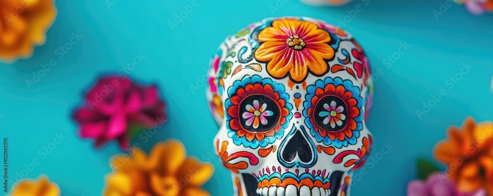 Vibrant sugar skull adorned with flowers, representing Mexican culture and the Day of the Dead celebration. Vibrant sugar skull adorned with flowers, representing Mexican culture and the Day of the Dead celebration.