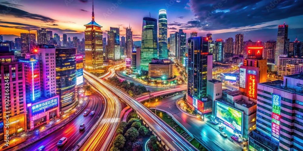 Obraz premium Vibrant cityscape with colorful lights and abstract patterns reflecting energy and urban excitement