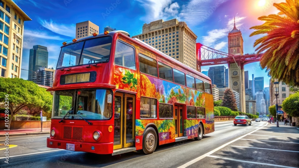 Fototapeta premium Vibrant City Sightseeing Bus on a Scenic Route Through Urban Landscape and Iconic Landmarks