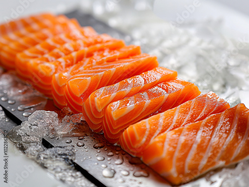 Fresh salmon sashimi slices garnished with herbs  photo