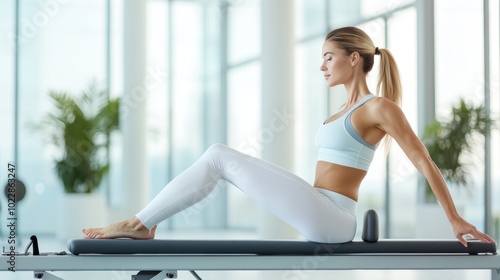 Fitness woman practicing pilates on reformer equipment in a modern gym. Health and wellness concept