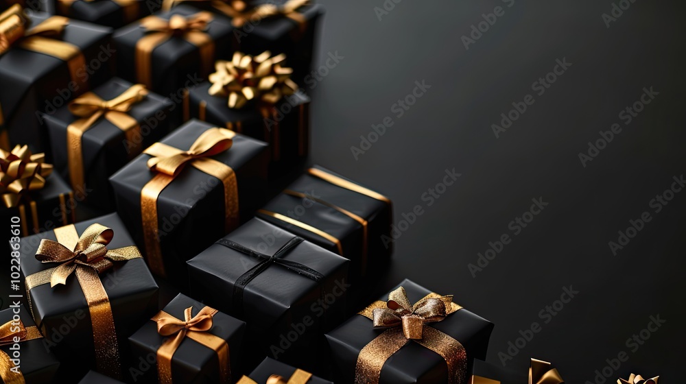 Obraz premium Luxury black gift boxes with gold ribbons on a dark background