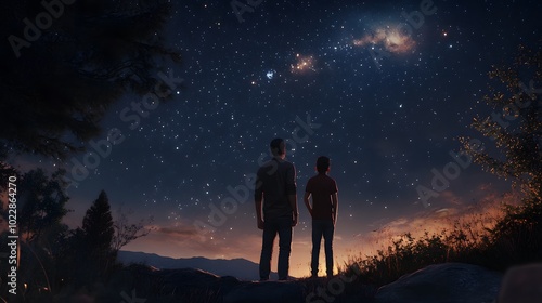 A father and son stand under the starry sky, gazing at their distant future together, symbolizing love, connection, and a tight-knit family bond