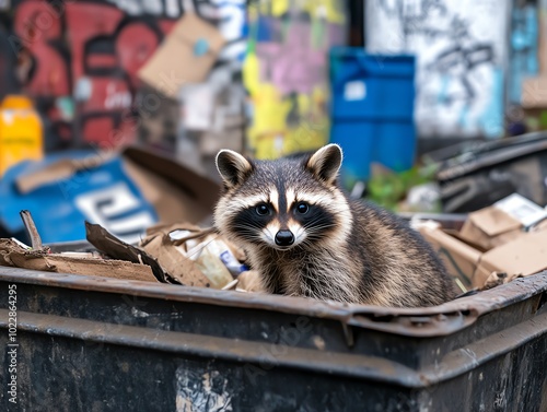 Tilted angle view of a raccoon rummaging through city dumpsters, capturing its curious expression, vibrant urban backdrop