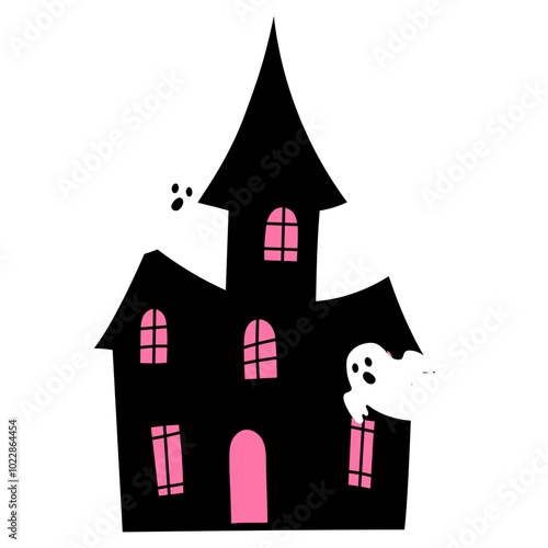 black haunted house with pink window with flying white ghost illustration
