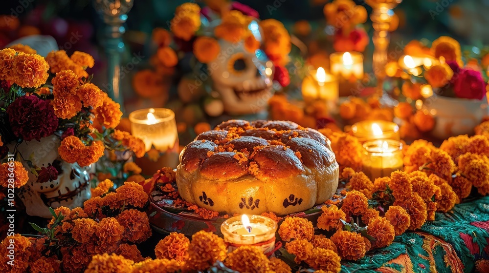 A vibrant altar adorned with marigold flowers and candles celebrating Dia de los Muertos with traditional bread and sugar skulls. A vibrant altar adorned with marigold flowers and candles celebrating Dia de los Muertos with traditional bread and sugar skulls.
