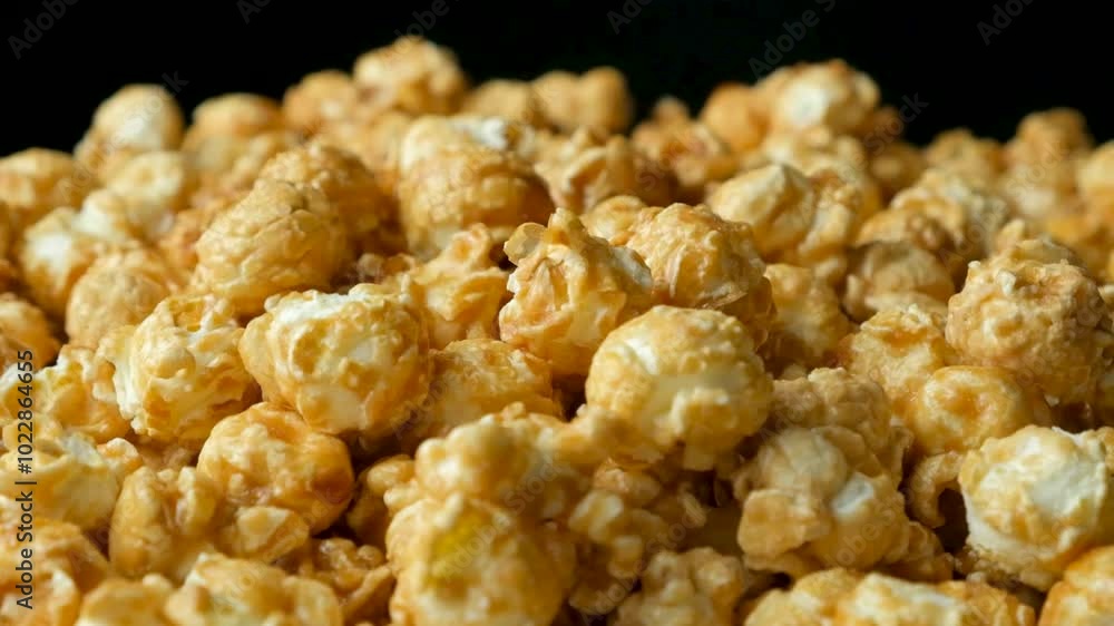 Slow rotation of caramelized popcorn, black background Slow rotation of caramelized popcorn, black background