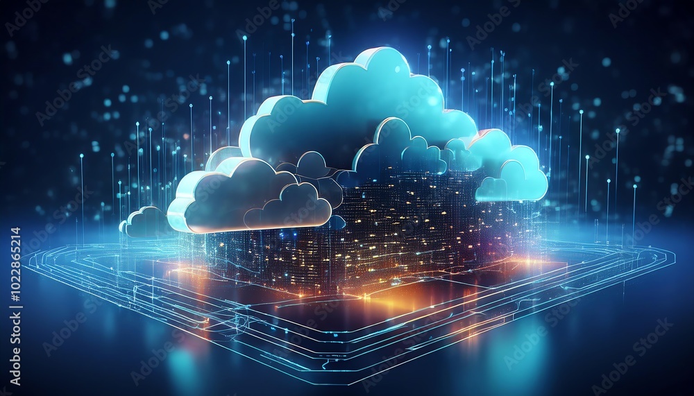 A futuristic digital cloud structure with glowing effects, surrounded by data streams and a network of colorful lights, representing cloud computing technology. A futuristic digital cloud structure with glowing effects, surrounded by data streams and a network of colorful lights, representing cloud computing technology.