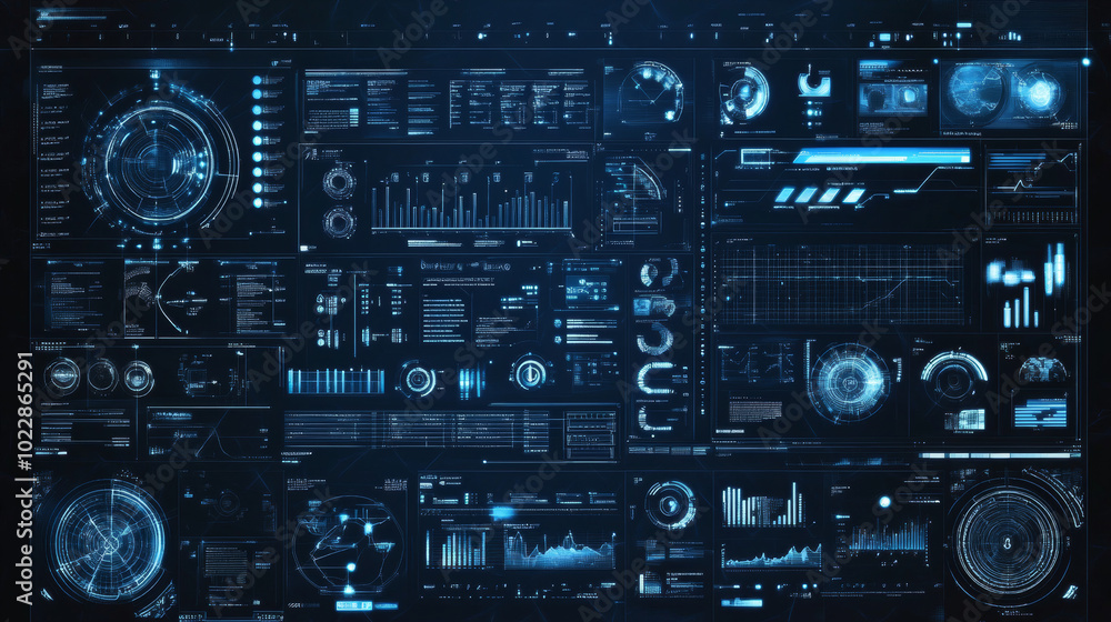 Fototapeta premium A comprehensive and visually striking illustration showcasing a mega pack set of HUD (Heads-Up Display) elements designed for a futuristic blue user interface.