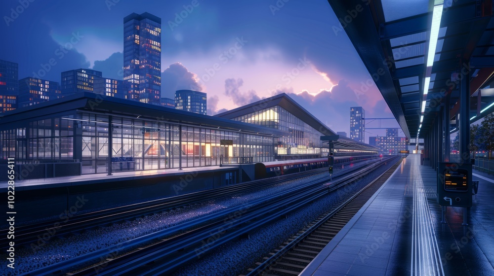 Fototapeta premium A train station at night with a train on the tracks