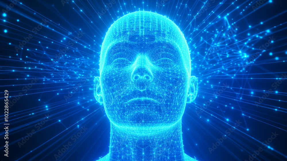 Here is the 3D illustration of the blue glowing human head model with a network of connections and data processing, set against a digital grid background. Here is the 3D illustration of the blue glowing human head model with a network of connections and data processing, set against a digital grid background.