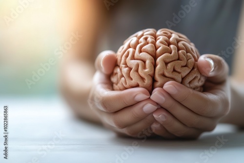 Close-up of hands gently squeezing a realistic brain model, symbolizing mental health awareness